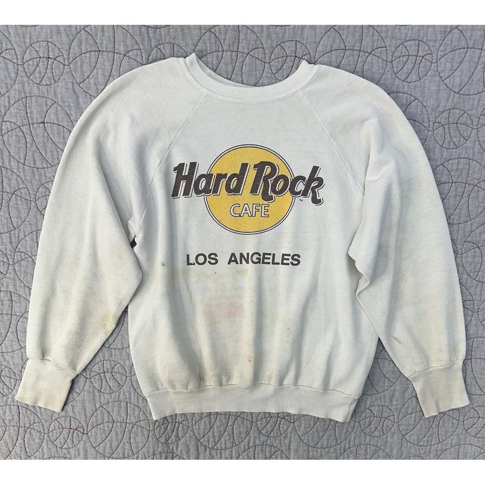 Hard Rock Cafe Sweatshirt White VTG Thrashed Stained / Mens Medium